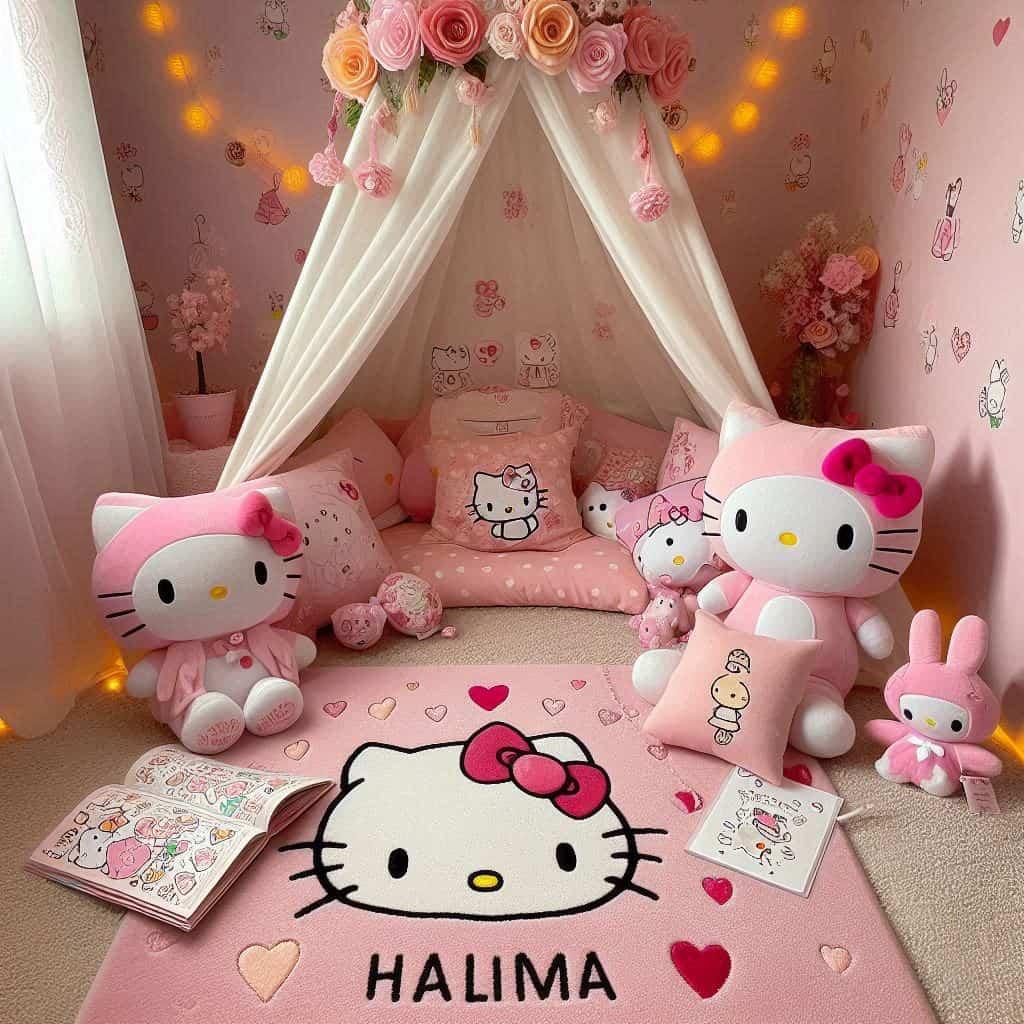 Un coin lecture inspire de hello kitty avec des tons roses et blancs prenom personnalise halima