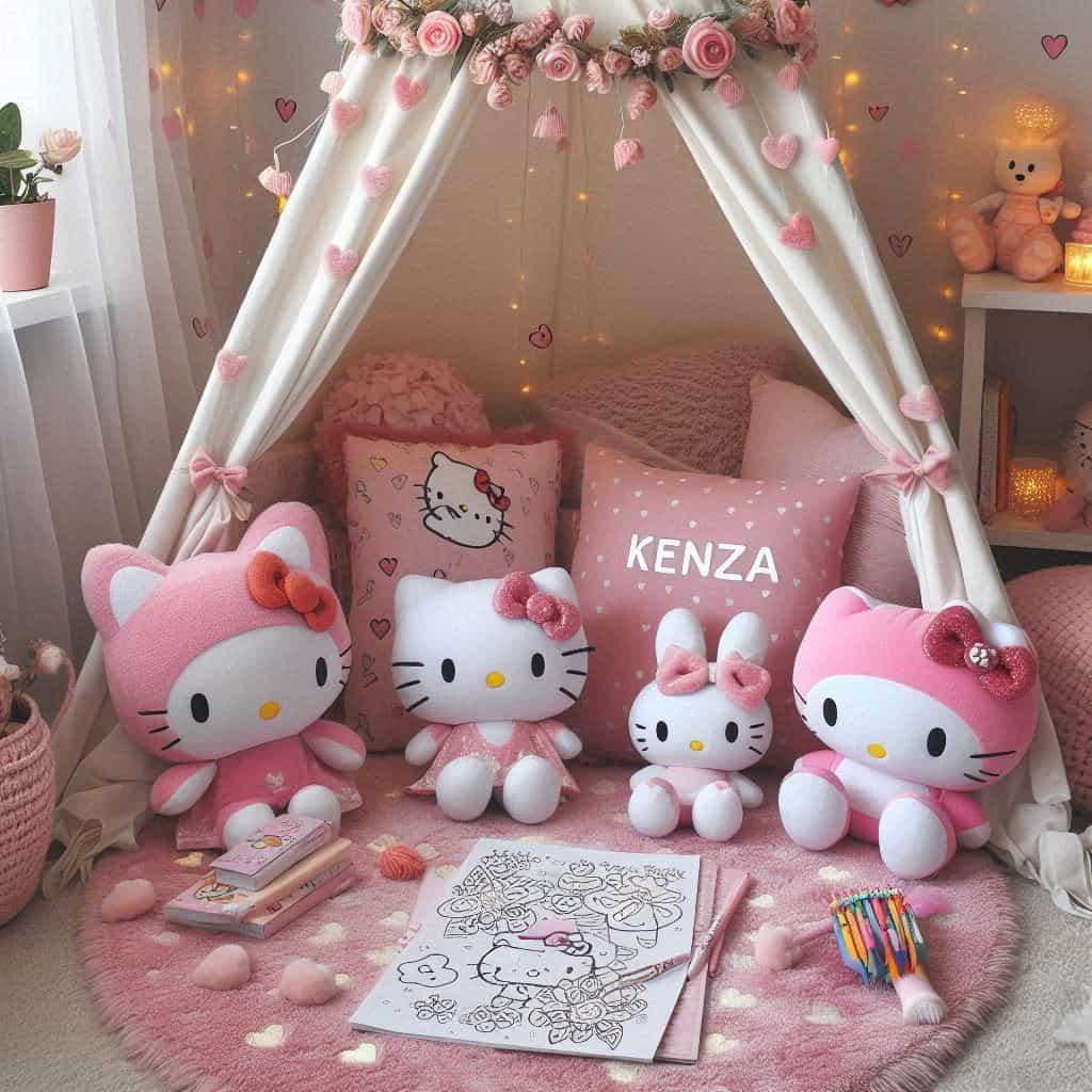 Un coin lecture inspire de hello kitty avec des tons roses et blancs un tapis moelleux decore de motifs de petits n uds et de c urs accompagne de peluches hello kitty my melody et