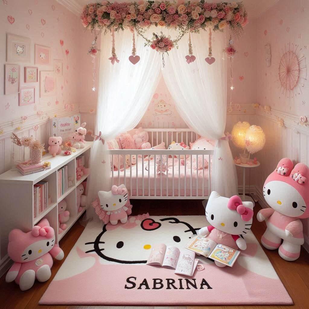 decoration hello kitty, berceau avec ciel de lit, tapis hello kitty personnalisé avec le prénom sabrina