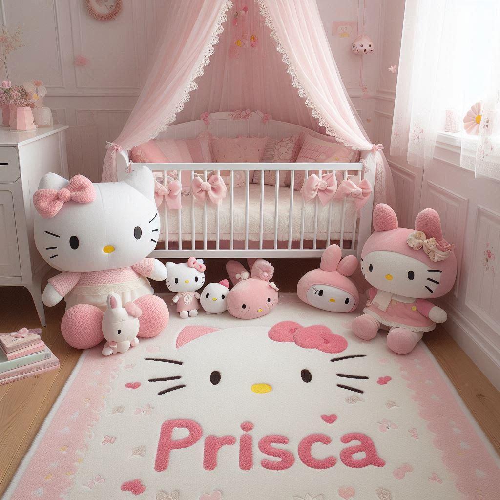 Un coin lecture inspire de hello kitty avec des tons roses et blancs un tapis moelleux decore de motifs de petits n uds et de c urs accompagne de peluches hello kitty my melody et