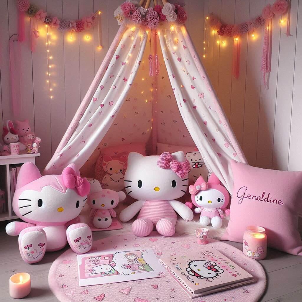 Un coin lecture inspire de hello kitty avec des tons roses et blancs un tapis moelleux decore de motifs de petits n uds et de c urs accompagne de peluches hello kitty my melody et