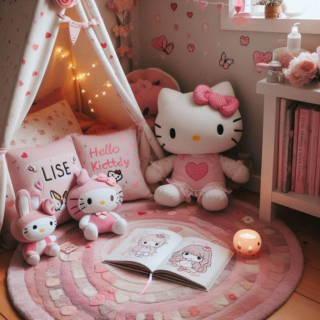 Un coin lecture inspire de hello kitty, personnalisé avec le prénom lise