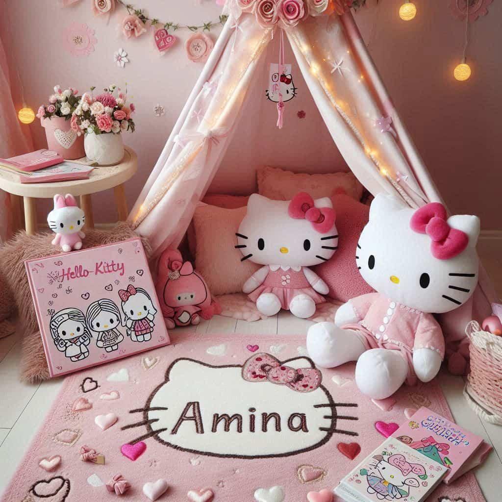 Un coin lecture inspire de hello kitty avec le prenom amina dans la chambre
