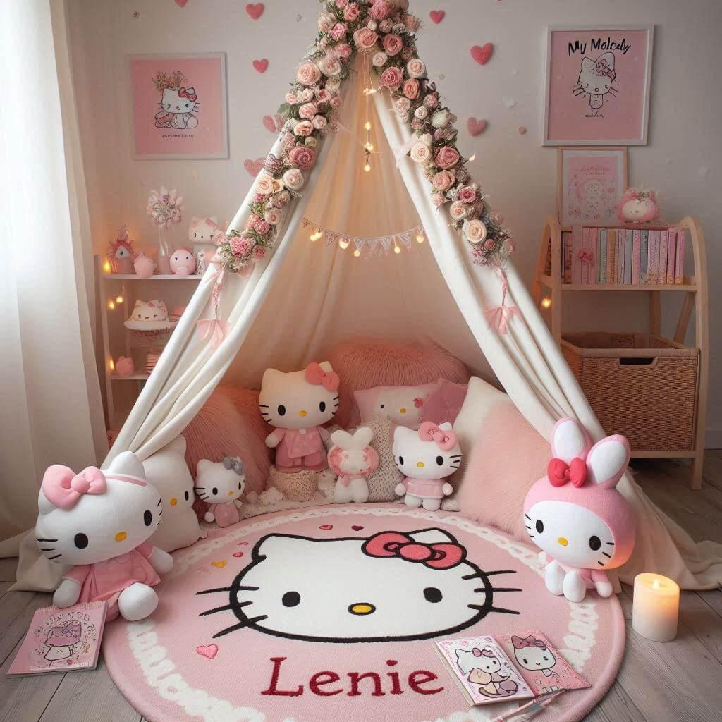 Un coin lecture inspire de hello kitty avec des tons roses et blancs un tapis moelleux decore de motifs de petits n uds et de c urs accompagne de peluches hello kitty my melody et