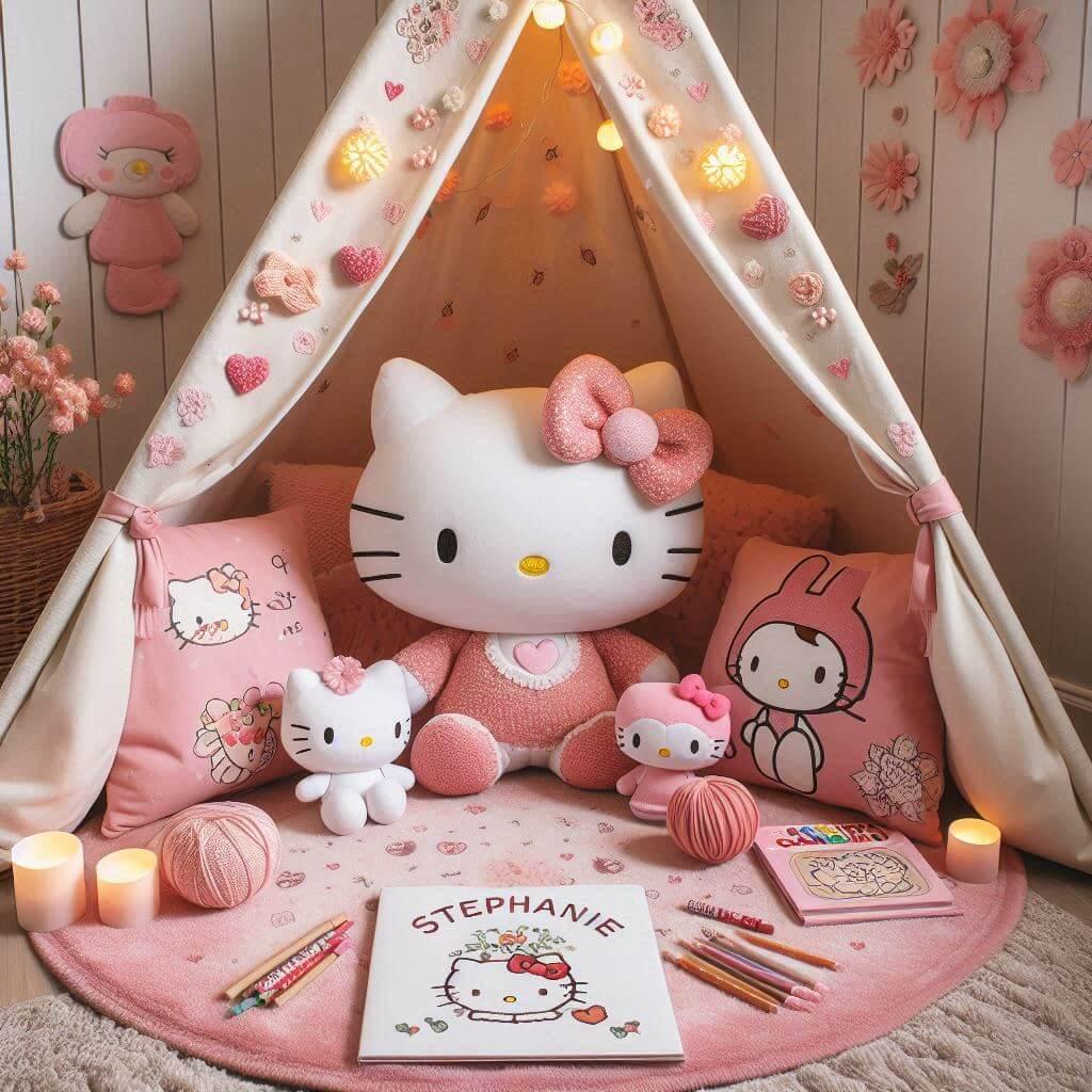 Un coin lecture inspire de hello kitty avec des tons roses et blancs un tapis moelleux decore de motifs de petits n uds et de c urs accompagne de peluches hello kitty my melody et
