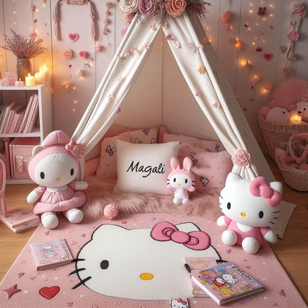 Un coin lecture inspire de hello kitty avec des tons roses et blancs un tapis moelleux decore de motifs de petits n uds et de c urs accompagne de peluches hello kitty my melody et