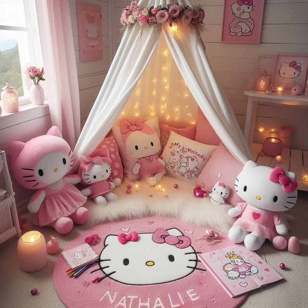Un coin lecture inspire de hello kitty avec des tons roses et blancs un tapis moelleux decore de motifs de petits n uds et de c urs accompagne de peluches hello kitty my melody et