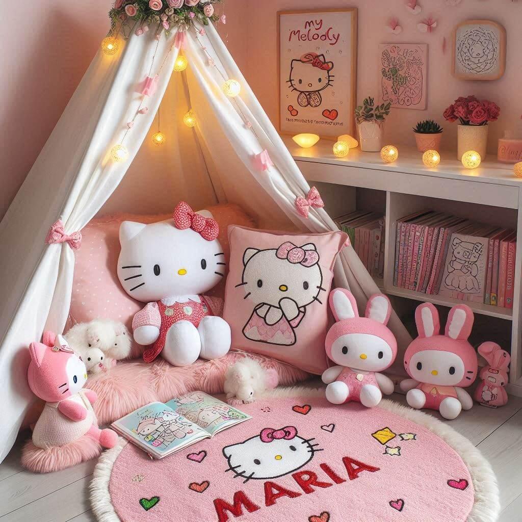 Un coin lecture inspire de hello kitty avec des tons roses et blancs un tapis moelleux decore de motifs de petits n uds et de c urs accompagne de peluches hello kitty my melody et