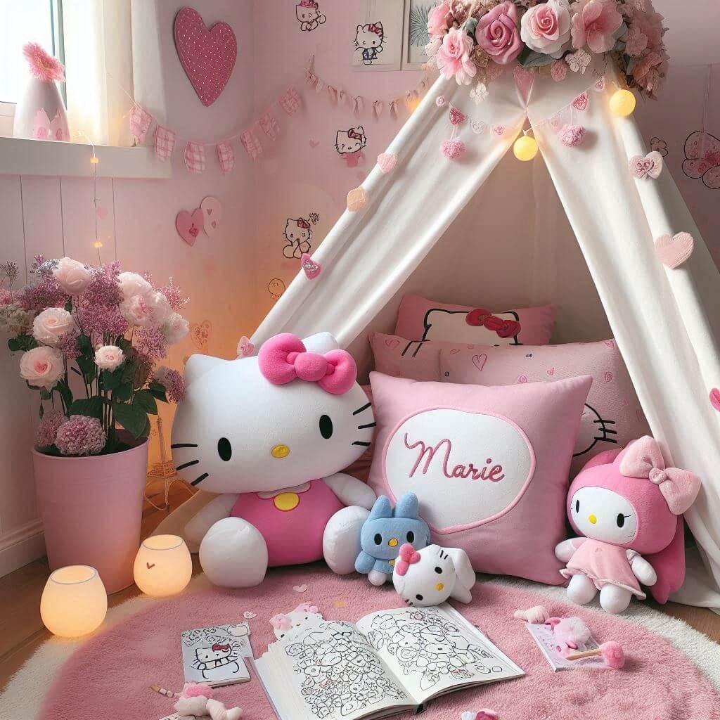 Un coin lecture inspire de hello kitty, prenom marie