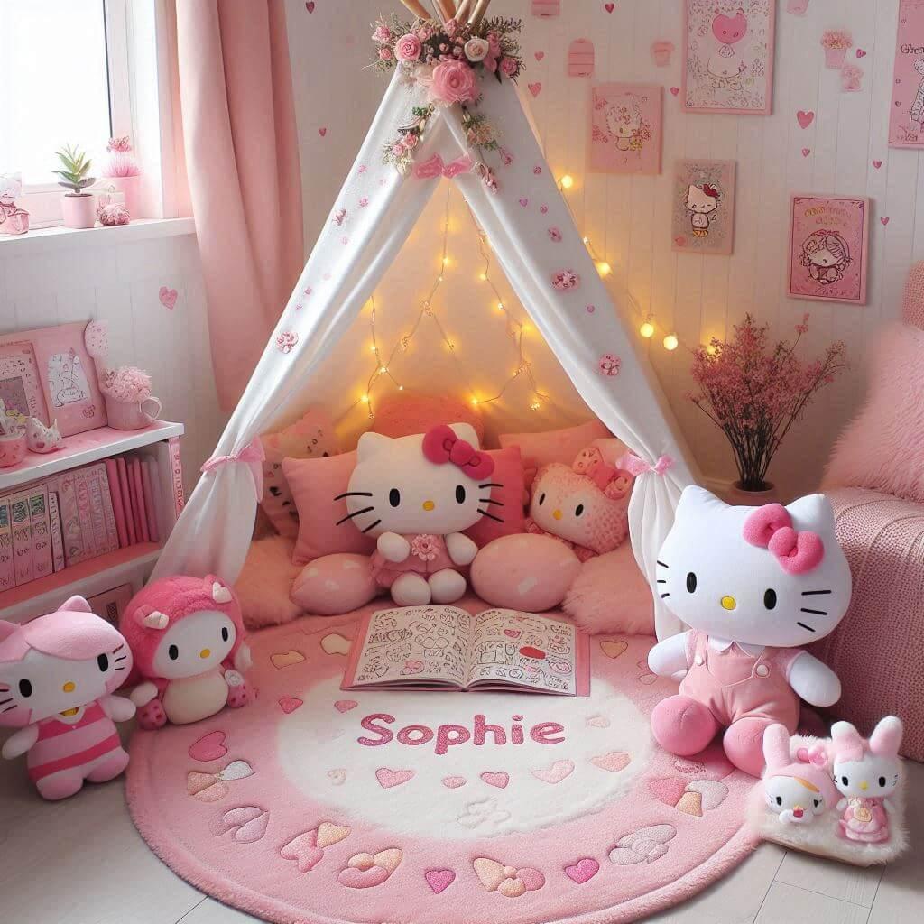Un coin lecture inspire de hello kitty avec des tons roses et blancs un tapis moelleux, prenom sophie