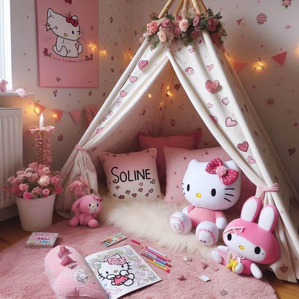 deco chambre enfant theme hello kitty, prenom soline