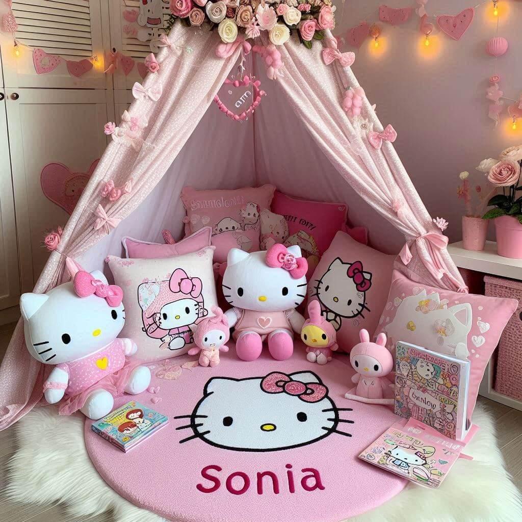 Un coin lecture inspire de hello kitty avec des tons roses et blancs, prenom sonia