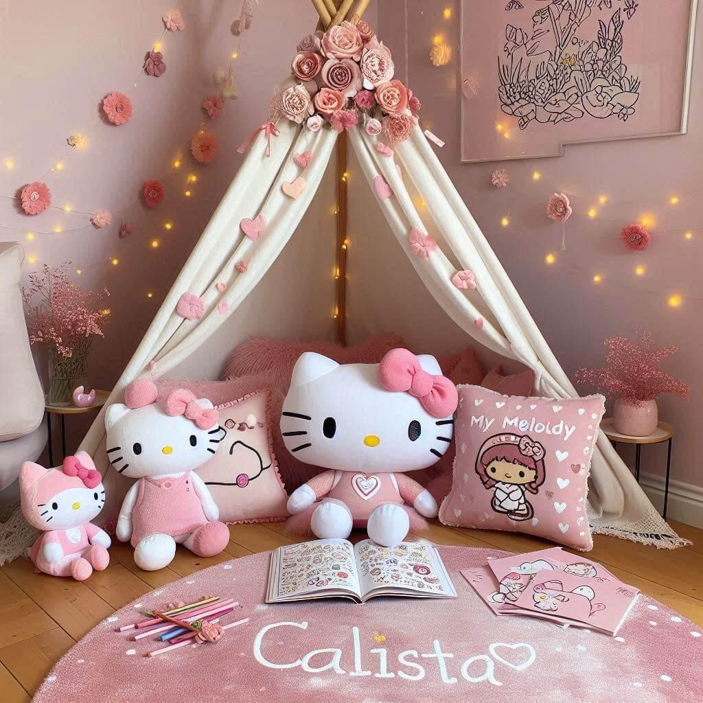 Un coin lecture inspire de hello kitty avec des tons roses et blancs un tapis moelleux, personnalisée avec le prenom calista