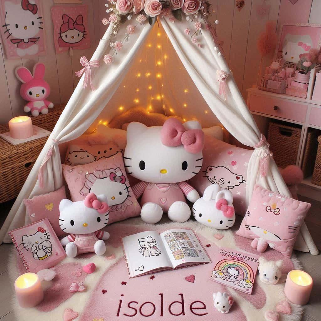 Un coin lecture inspire de hello kitty avec des tons roses et blancs un tapis moelleux decore de motifs de petits n uds et de c urs accompagne de peluches hello kitty my melody et