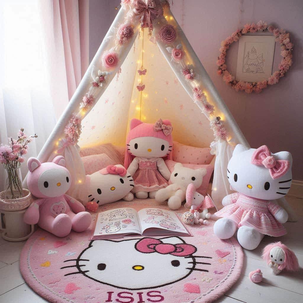 Un coin lecture inspire de hello kitty avec des tons roses et blancs un tapis moelleux decore de motifs de petits n uds et de c urs prenom isis