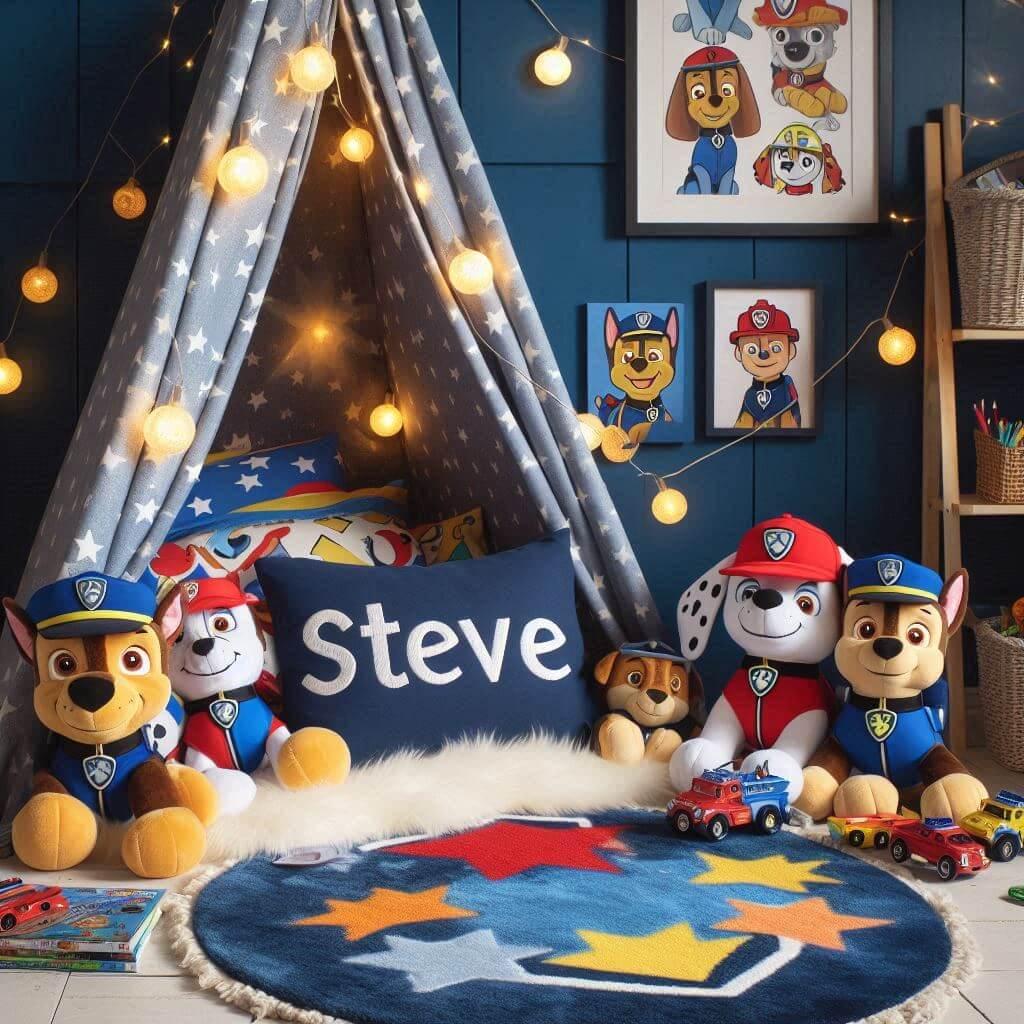 Un coin lecture inspire de la pat patrouille avec des tons bleus rouges et jaunes un tapis moelleux decore de motifs de badges et de pattes accompagne de peluches chase marshall et