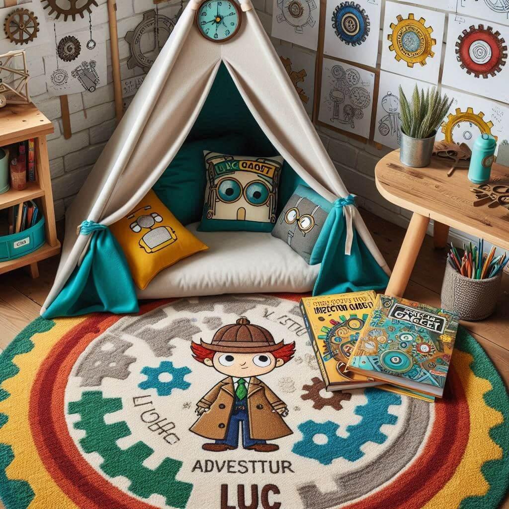 Un coin lecture inspire de linspecteur gadget avec un tapis doux aux couleurs vives des motifs de gadgets et de detectives un tipi cosy decore de roues dentees et de gadgets et le