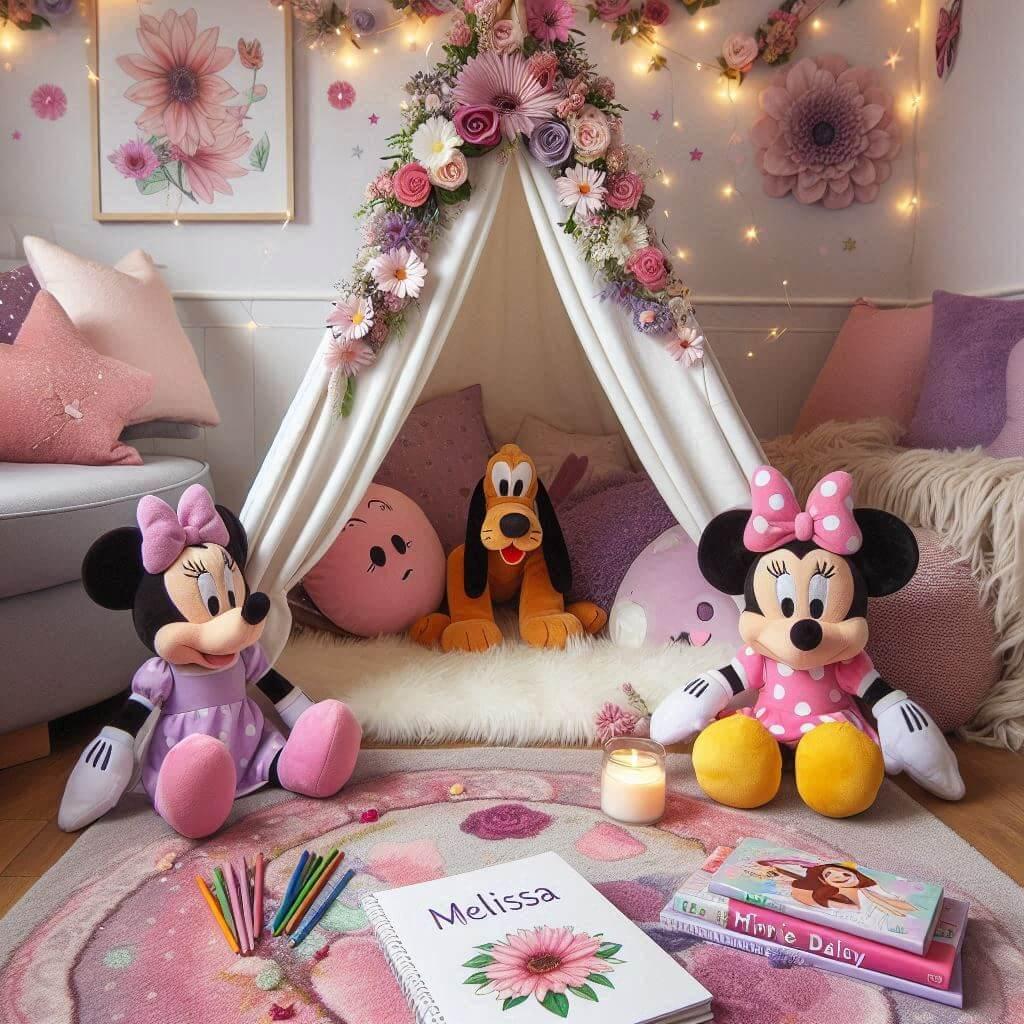 Un coin lecture inspire de minnie et daisy avec des tons roses violets et blancs, prenom melissa