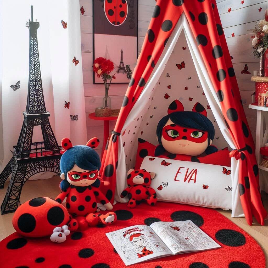 Décoration de chambre enfant thème Miraculous Ladybug, décoration tendance personnalisée au prénom Eva