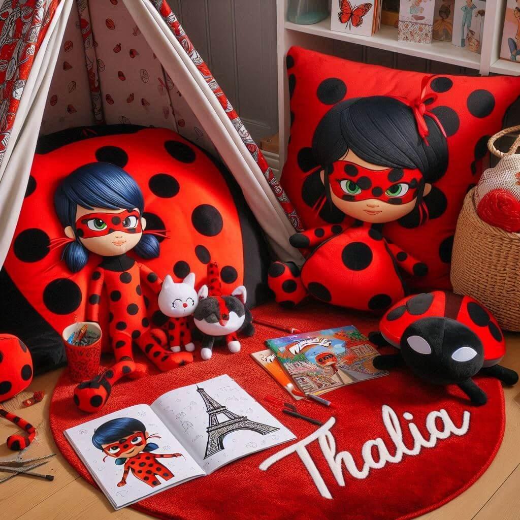 Un coin lecture inspire de miraculous ladybug avec des tons rouge et noir rappelant le celebre costume de ladybug un tapis moelleux decore de motifs de coccinelles et de tour eiffe