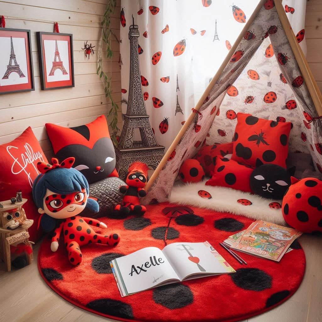 Un coin lecture inspire de miraculous ladybug avec des tons rouge et noir rappelant le celebre costume de ladybug avec le prenom axelle
