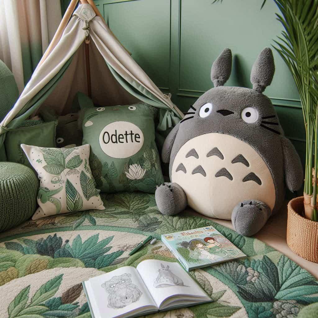 Un coin lecture inspire de mon voisin totoro avec des tons verts personnalise avec le prenom odette