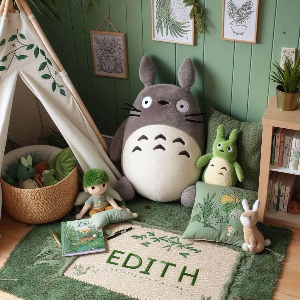 Un coin lecture inspire de mon voisin totoro avec des tons verts rappelant la nature enchantee du film prenom edith 1
