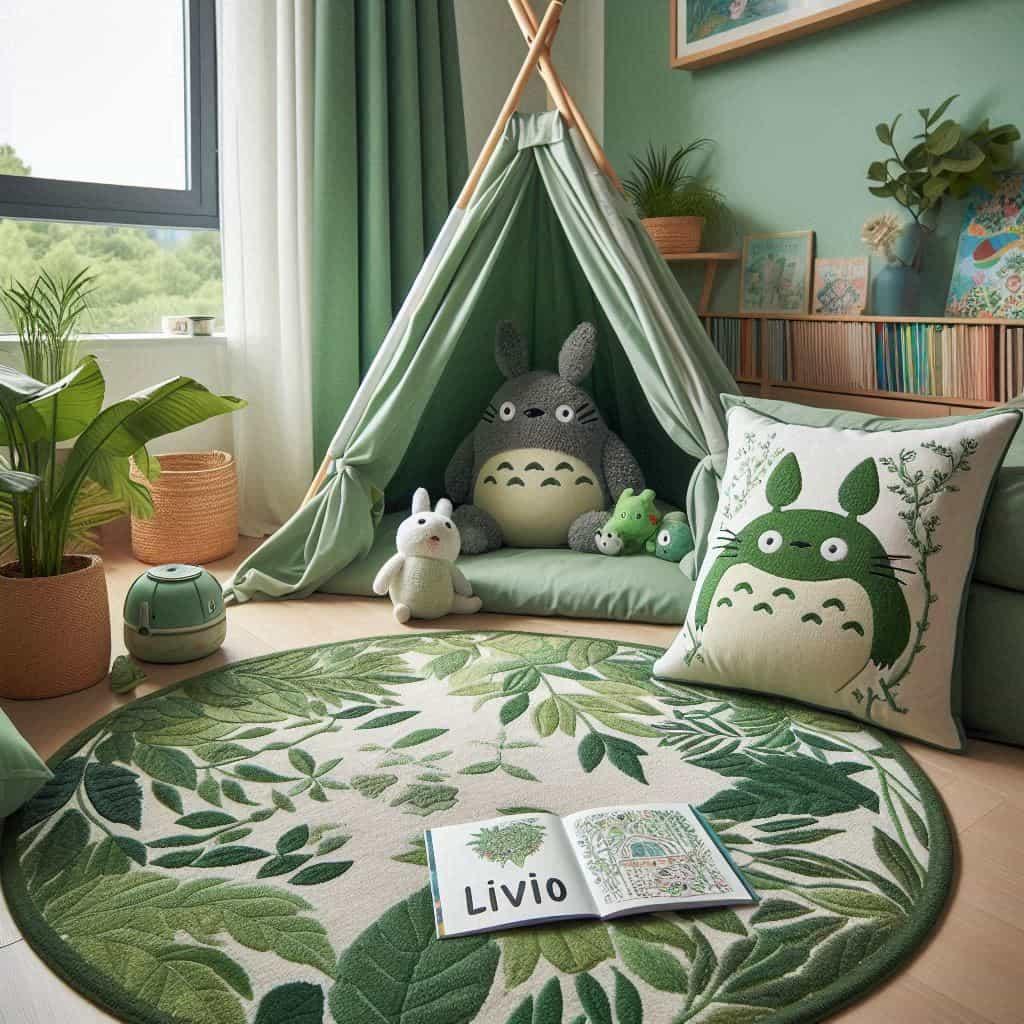 Coin lecture inspiré de Mon Voisin Totoro avec tons verts rappelant la nature enchantée du film, prénom Livio