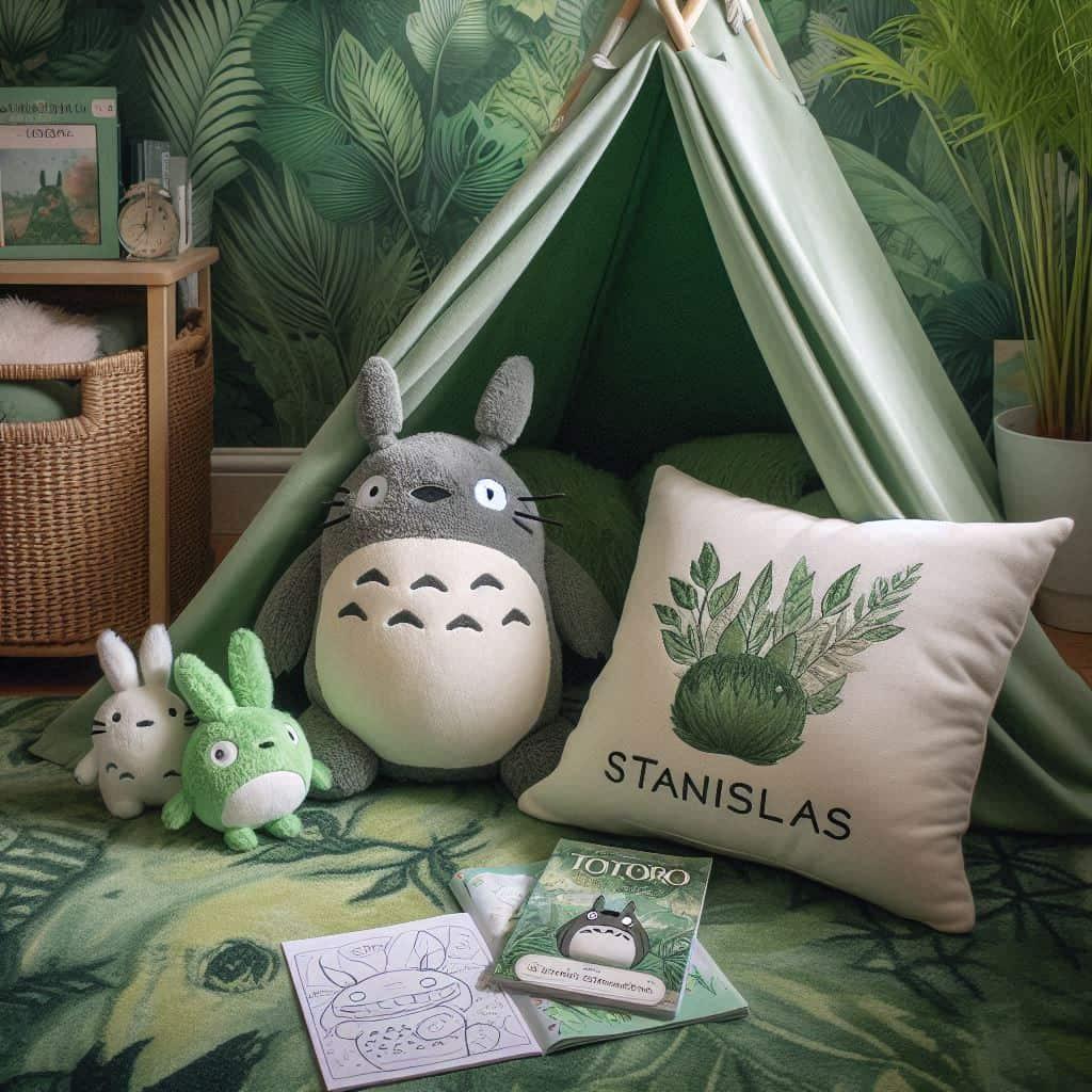 Un coin lecture inspire de mon voisin totoro avec des tons verts rappelant la nature enchantee du film prenom stanislas