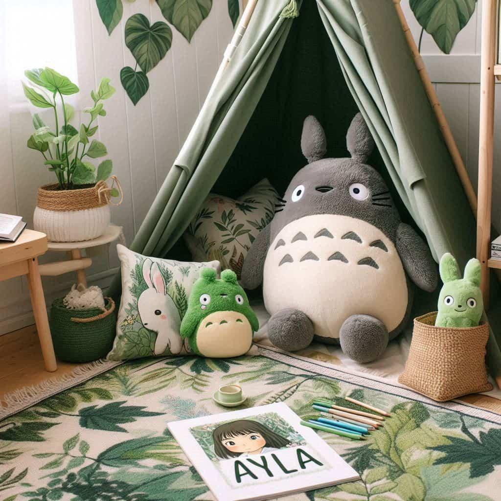 Un coin lecture inspire de mon voisin totoro avec des tons verts rappelant la nature enchantee du film personnalise avec le prenom ayla