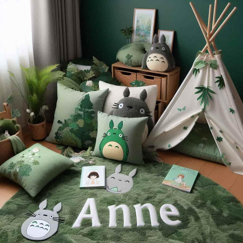 Un coin lecture inspire de mon voisin totoro avec des tons verts rappelant la nature enchantee du film un tapis doux orne de motifs feuillus et des peluches totoro chibi et noireau
