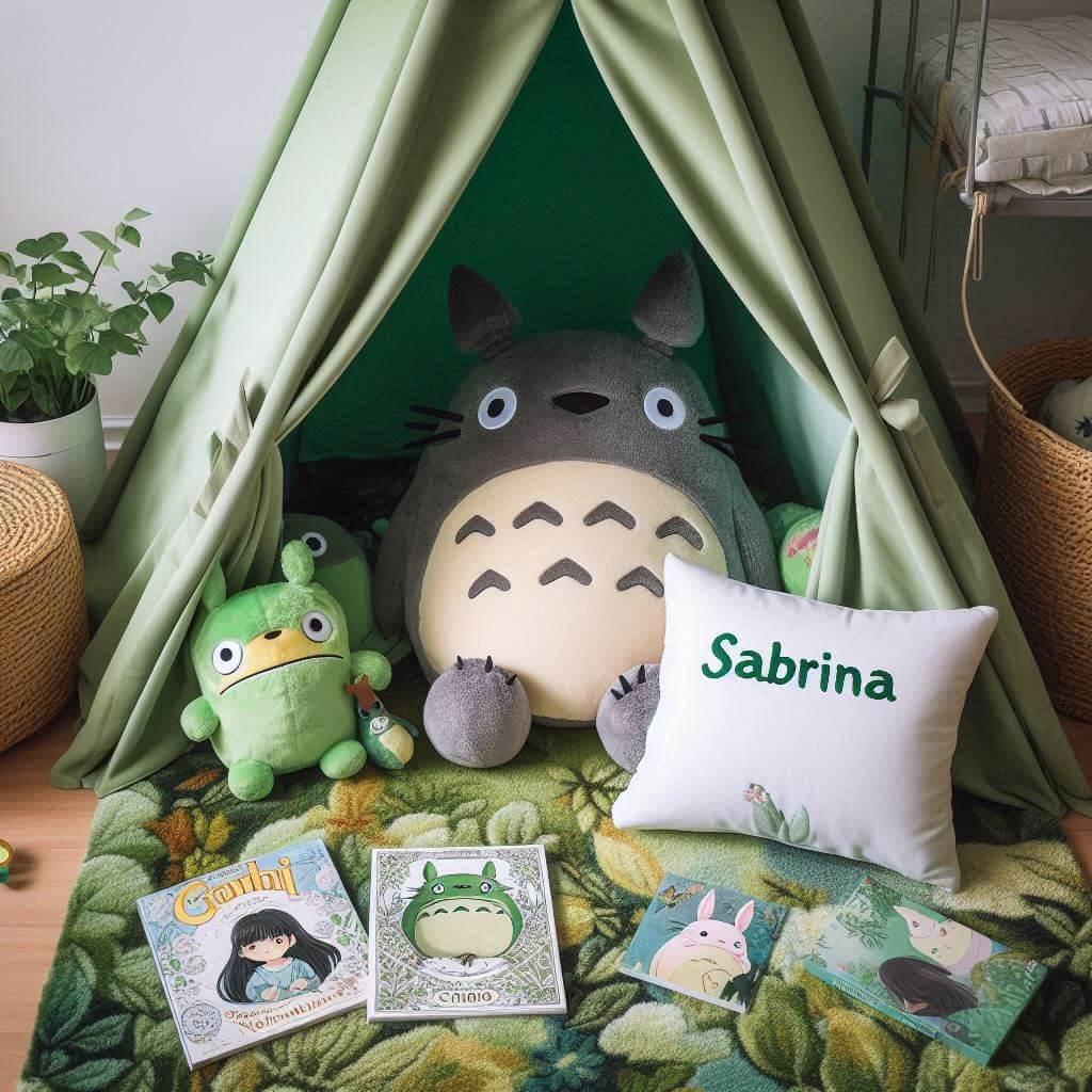 Un coin lecture inspire de mon voisin totoro avec des tons verts, prenom sabrina