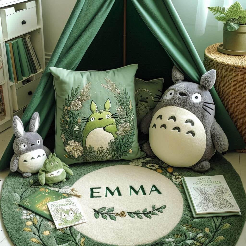 Un coin lecture inspire de mon voisin totoro avec des tons verts rappelant la nature enchantee du film un tapis doux orne de motifs feuillus et des peluches totoro chibi et noireau