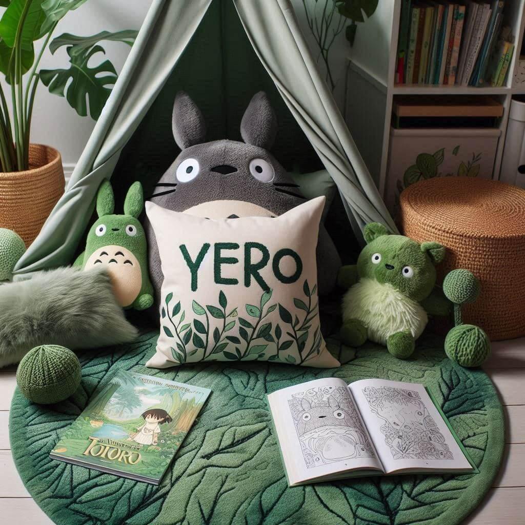 Un coin lecture inspire de mon voisin totoro avec des tons verts rappelant la nature enchantee du film un tapis doux orne de motifs feuillus et des peluches totoro chibi et noireau
