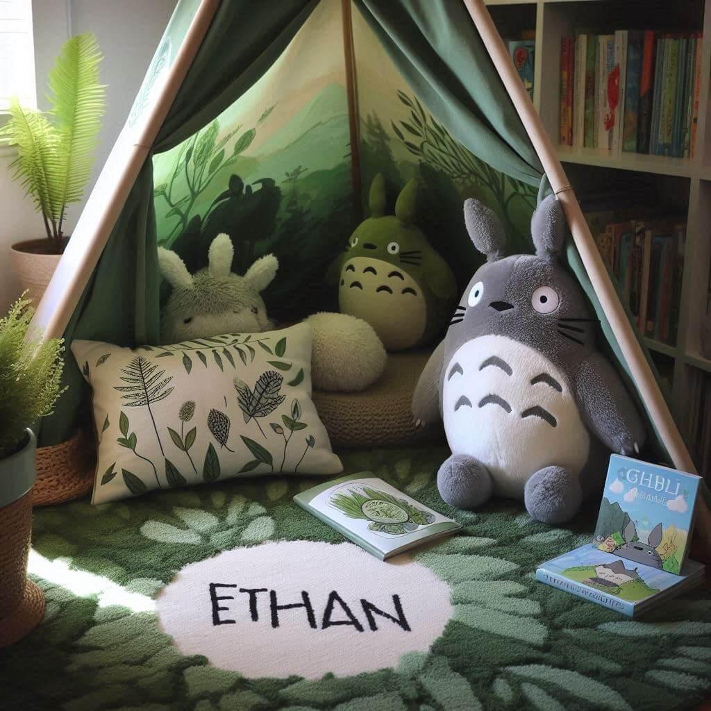 Un coin lecture inspire de mon voisin totoro avec des tons verts rappelant la nature enchantee du film un tapis doux orne de motifs feuillus et des peluches totoro chibi et noireau
