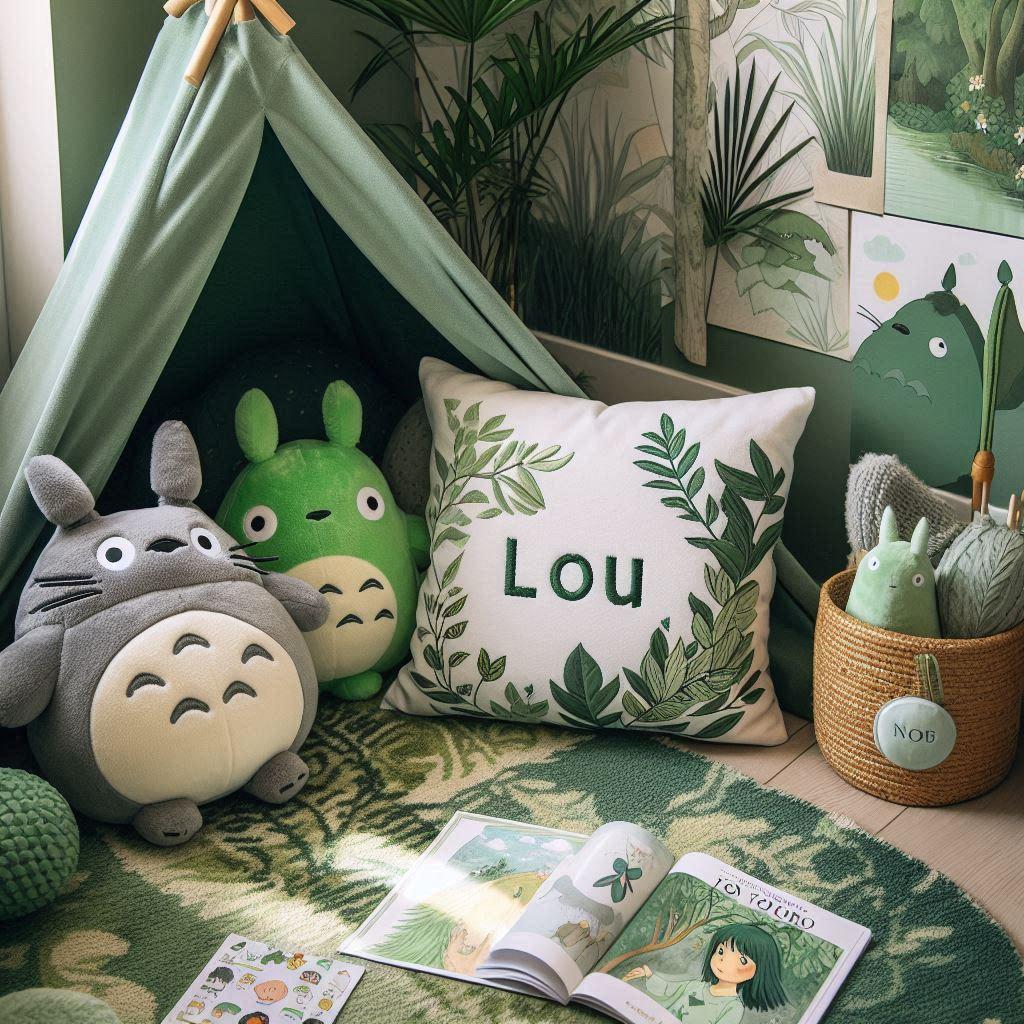 Un coin lecture inspire de mon voisin totoro avec des tons verts rappelant la nature enchantee du film un tapis doux orne de motifs feuillus et des peluches totoro chibi et noireau