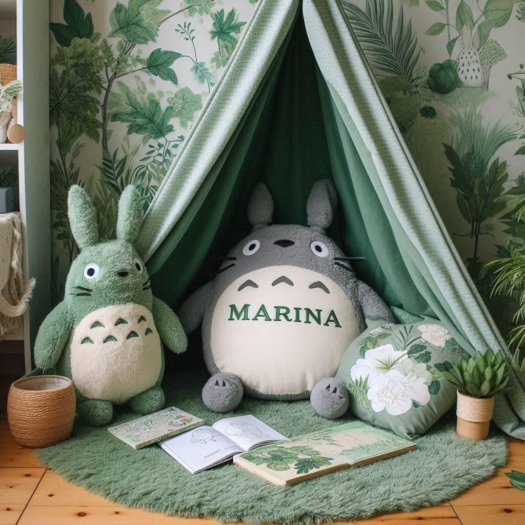 Un coin lecture inspire de mon voisin totoro avec des tons verts rappelant la nature enchantee du film un tapis doux orne de motifs feuillus et des peluches totoro chibi et noireau