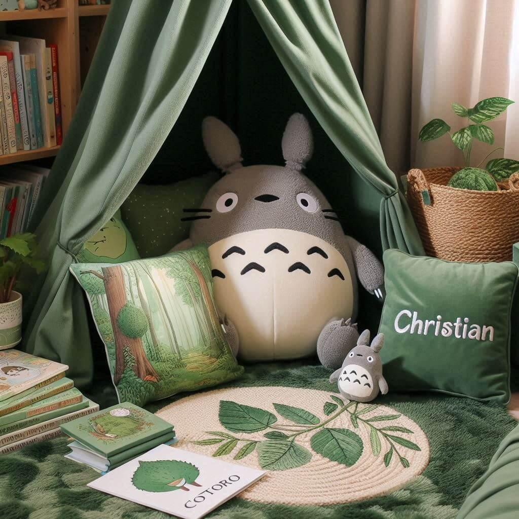 Un coin lecture inspire de mon voisin totoro avec des tons verts rappelant la nature enchantee du film un tapis doux orne de motifs feuillus et des peluches totoro chibi et noireau