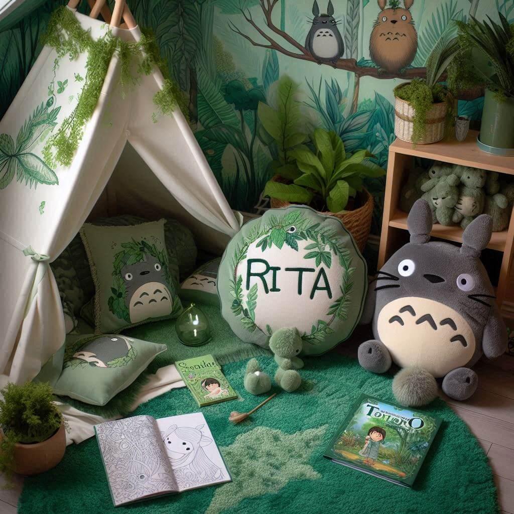 Un coin lecture inspire de mon voisin totoro avec des tons verts rappelant la nature enchantee du film un tapis doux orne de motifs feuillus et des peluches totoro chibi et noireau