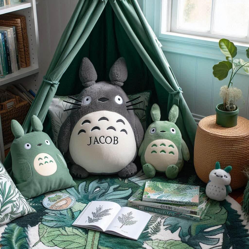 Un coin lecture inspire de mon voisin totoro avec des tons verts rappelant la nature enchantee du film un tapis doux orne de motifs feuillus et des peluches totoro chibi et noireau