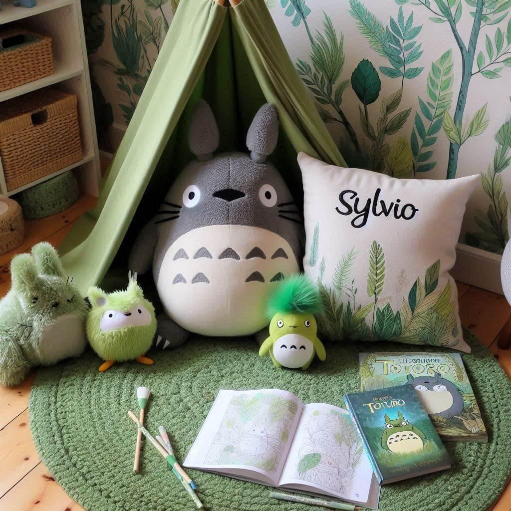 Un coin lecture inspire de mon voisin totoro avec des tons verts rappelant la nature enchantee du film un tapis doux orne de motifs feuillus et des peluches totoro chibi et noireau