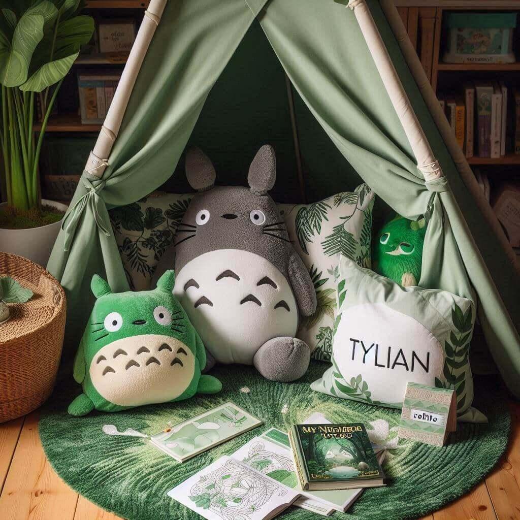 Un coin lecture inspire de mon voisin totoro avec des tons verts rappelant la nature enchantee du film un tapis doux orne de motifs feuillus et des peluches totoro chibi et noireau