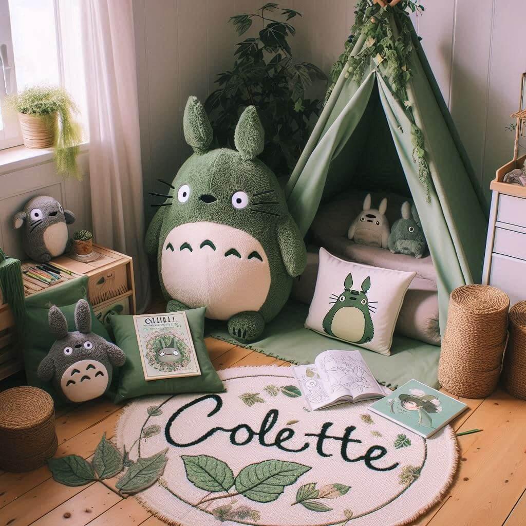 Coin lecture cosy inspiré de Mon Voisin Totoro avec tipi, tapis feuillu, peluches Totoro, Chibi et Noiraudes, tons verts doux et ambiance nature enchantée