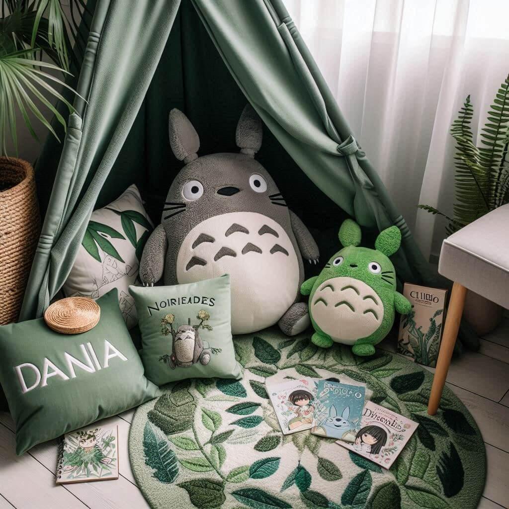 Un coin lecture inspire de mon voisin totoro avec des tons verts rappelant la nature enchantee du film un tapis doux orne de motifs feuillus et des peluches totoro chibi et noireau