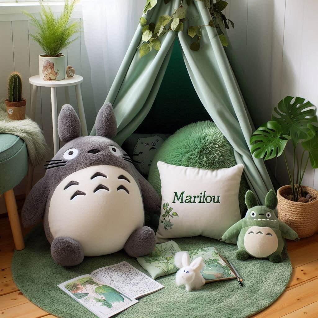 Un coin lecture inspire de mon voisin totoro avec des tons verts rappelant la nature enchantee du film un tapis doux orne de motifs feuillus et des peluches totoro chibi et noireau