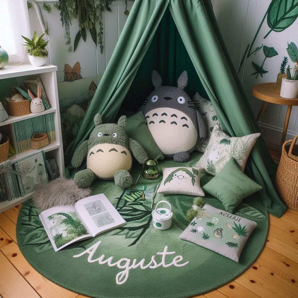 Un coin lecture inspire de mon voisin totoro avec des tons verts rappelant la nature enchantee du film un tapis doux orne de motifs feuillus et des peluches totoro chibi et noireau