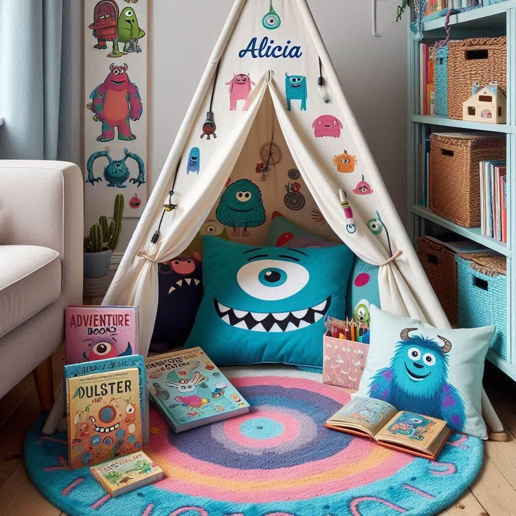 Coin lecture inspiré de Monstres et Cie avec tapis doux aux couleurs vives et motifs de monstres rigolos, tipi cosy décoré de roues et câbles, prénom Alicia