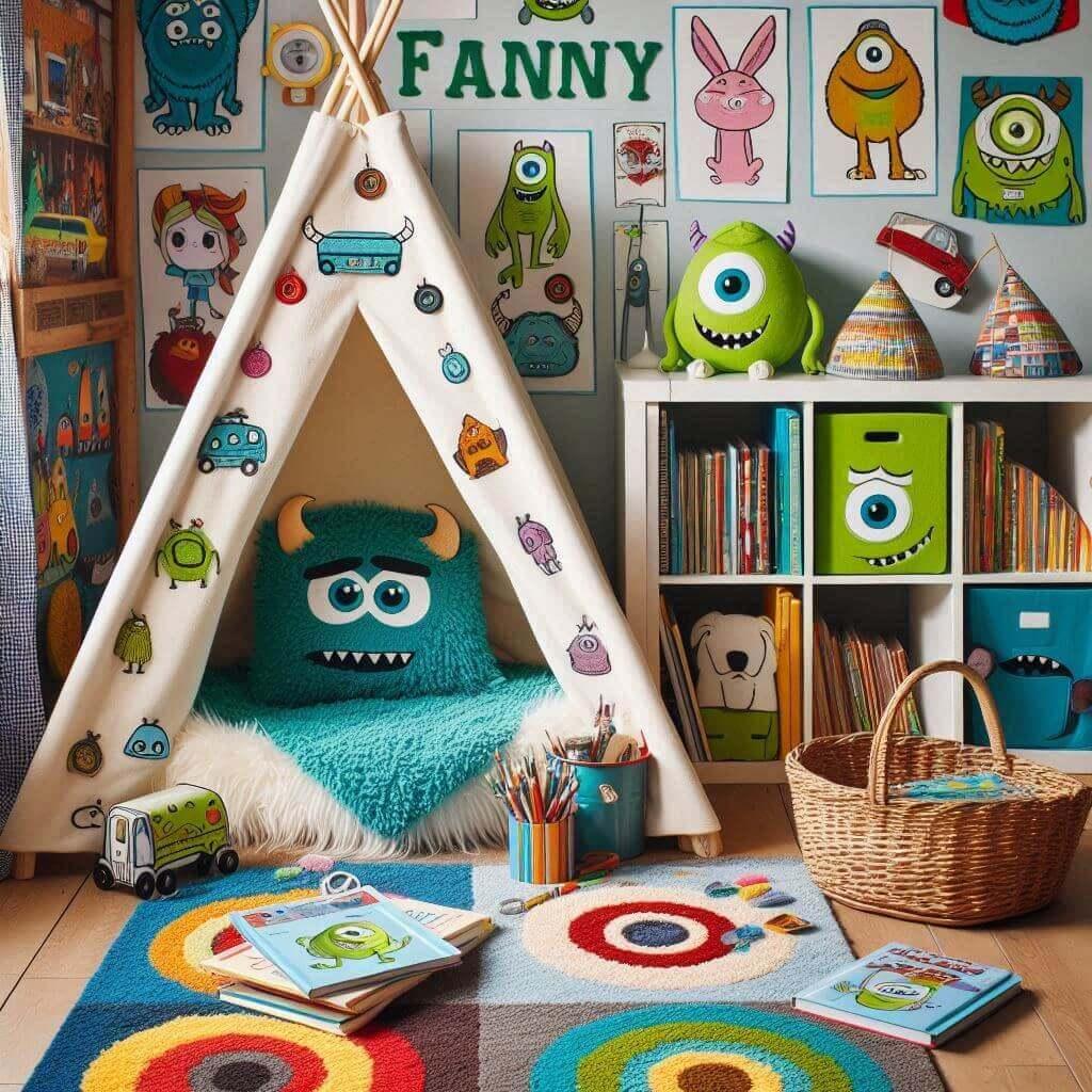belle decoration de chambre enfant inspire de monstres et cie, personnalisée avec le prenom fanny