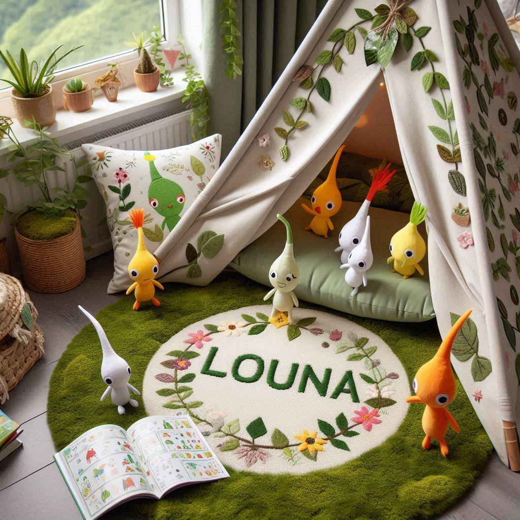 Un coin lecture inspire de pikmin avec un tapis mousseux evoquant le sol forestier parseme de motifs floraux et de petites creatures pikmin en peluche un tipi cosy decore de feuill