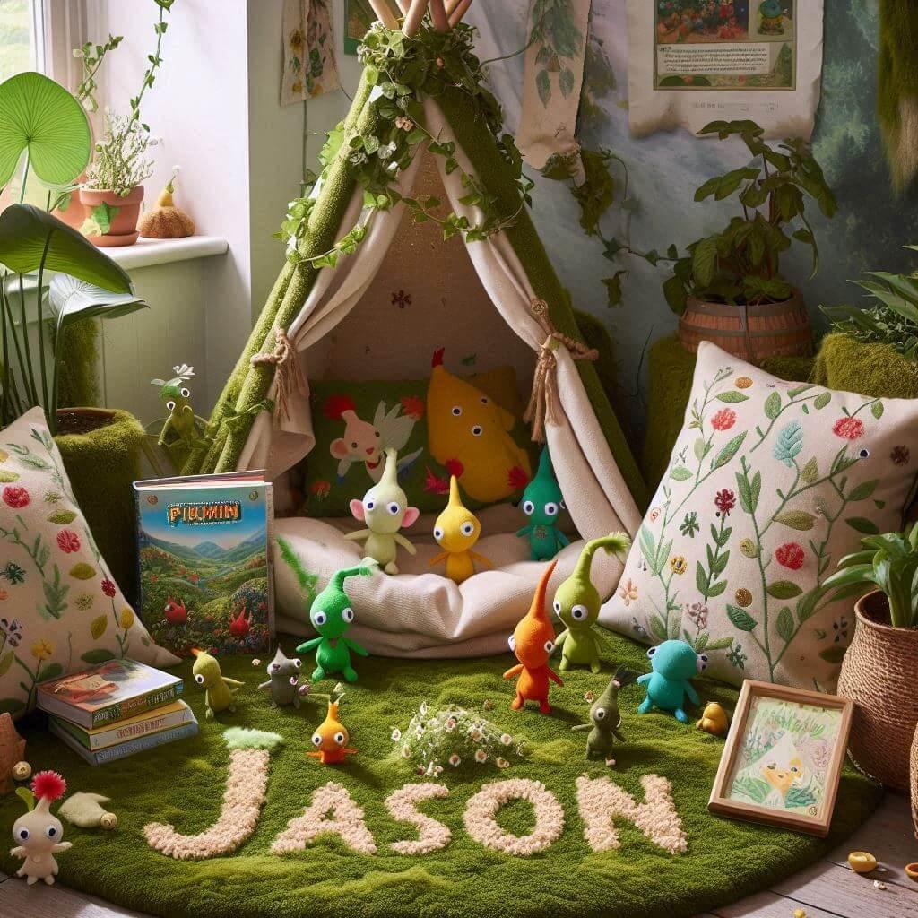 Un coin lecture inspire de pikmin ou la nature miniature prend vie un tapis mousseux evoquant le sol forestier parseme de motifs floraux et de petites creatures pikmin en peluche u